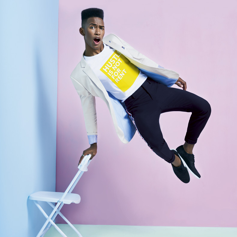 pair your slogan tee with your suit jacket for a more casual look